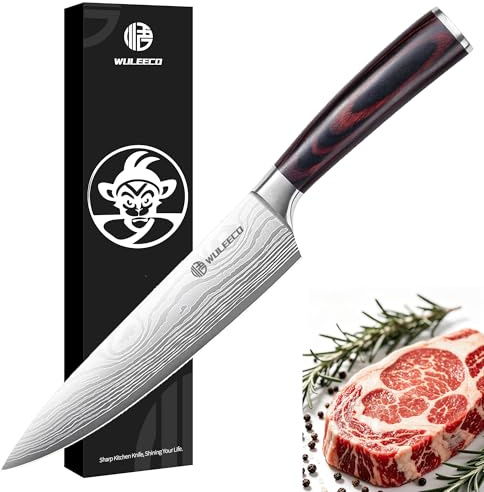 WULECCO Kochmesser 20cm, Proffi Küchen Chefmesser aus Hochkohlenstoffstahl, Ultrascharfe 15° Doppel-Schliffkante, Ergonomischer rutschfester Griff, Küchenmesser Allzweckmesser für Haushalt & Küche