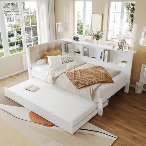 OKMYHOME Ausziehbett 90 x 200 cm – Multifunktions-Ausziehbett mit Schublade und Aufbewahrungsregal, 2 Schlafplätze, LED-Streifen und USB-Anschluss, Kiefer und MDF, weiß, ohne Matratze