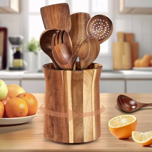 Bpyhebe Acacia Wood Utensil Holder, Wood Kitchen Utensil Organizer Stand Countertop, Rotating Utensils Crock, Farmhouse Kitchen Decor(15×14.5×18.9cm)