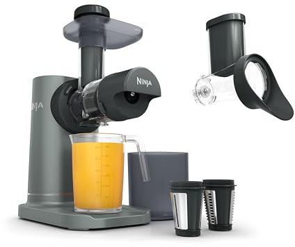 Ninja Licuadora de prensado en frío 3 en 1 con cuchillas, jarra de 700 ml y recipiente de 1,1 l, para hacer zumos y procesar verduras, piezas extraíbles aptas para lavavajillas, gris JC152EU