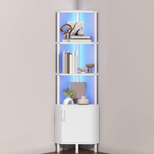 Garvee Eckregal Weiß mit LED-Beleuchtung, 5 Ebenen Eckschrank mit Tür, Modernes Standregal & Bücherregal aus Holz, Platzsparendes Aufbewahrungsregal für Wohnzimmer, Schlafzimmer, Bad und Büro