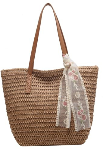 Comebachome Bolsa de playa tejida Bolsa de paja de gran capacidad Cierre de cremallera suave Playa de paja con cinta Bolsas adornadas para mujeres Compras de viajes de verano Caqui, Uso al aire libre