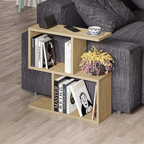 HOCUS PICUS Holz Beistelltisch mit 2 Etagen, vielseitiger Sofatisch mit 4 offenen Fächern, kompakter Organizer für Wohnzimmer und Büro, belastbar bis 20 kg, pflegeleicht, 60 x 60 x 19,5 cm (Eiche)