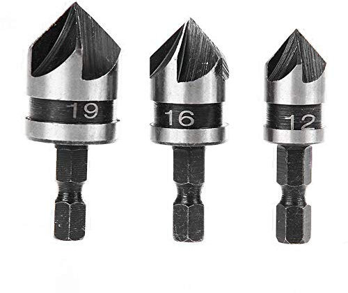 Gasea 3pcs 90 Degrés 5 Flûte Fraises à Chanfreiner Set Pour Bois, Métal Changement Rapide 1/4 Hex Foret à Chanfreiner en Acier au Carbone Outil de Coupe de Chanfreinage de Bois 12/16/19mm