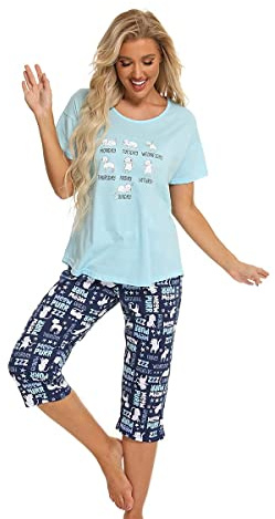 Jecarden Dampyjamas, tvådelad pyjamas, sommar, nattlinne, kortärmad hemmadräkt, bomull, sovkläder, nattkläder, topp och byxor, blå, M