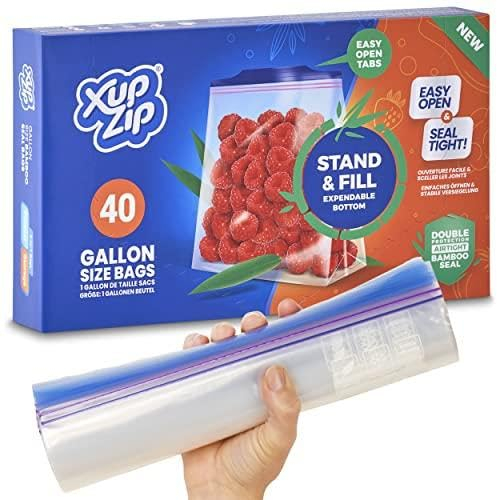 XupZip Sacchetti per Congelatore per Alimenti di Alta Qualità, Riutilizzabili, in Plastica Resistente, Sigillo di Bambù Ermetico e Prova di Perdite, Senza BPA, Galloni / 4,55 L - 40 Sacchetti