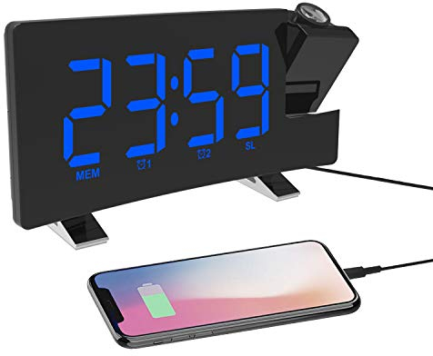 ThreeH Reloj de Proyección Radio FM Reloj Despertador con Cargador USB Pantalla LED Grande de 5.5 '' 2 Sonidos para Heavey Sleeper 2 Configuración de Alarma 4 Niveles de Brillo Ajustable Azul