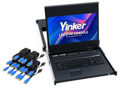 17.3'' LCD KVM Konsole HDMI 8 Port, Yinker Rackmount KVM Switch Fit 1U 19 Zoll Rack, Tastatur Monitor Touchpad Schublade Integriert + Kabel 1920x1080