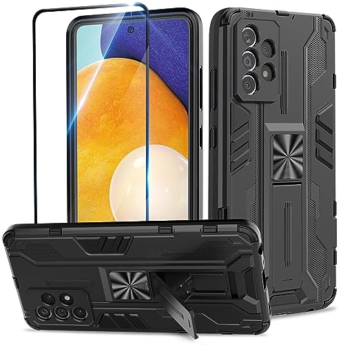 Btstring Case for Samsung Galaxy A52 4G/5G/A52S 5G, with Screen Protector Tempered Glass, Heavy Duty Shockproof Tough Armour Case with Stand Protective Personalised Phone Cover - Black
