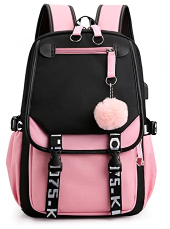 FANDARE Zaino Scuola Ragazza Zaino Casual Zainetto Bambina Cartella Elementare Media Zainetti con USB Borsa da scuola Zainetti Daypacks All'aperto Viaggio Zaino con ciondolo Hair Ball Nero Rosa