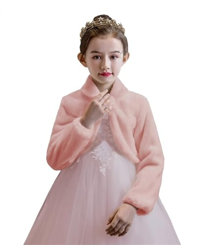 Ommda Princesa de Niña Cárdigan Chal de Piel Sintética Chaquetilla de bolero niña Fiesta de Flor Capa de Princesa Accesorios de Vestido con manga larga,Rosado,L (9-12años)