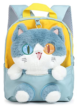 Kleiner Kinderrucksack,Abnehmbarer Plüsch Puppe Kindergartenrucksack,Katze Kindergarten Rucksack Kindertasche für 2-5 Jährige Kindergarten Junge und Mädchen (Hellgrau)
