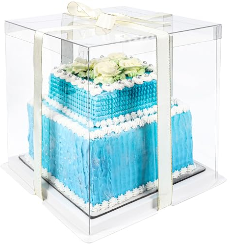 BELLE VOUS Clear Plastic Tall Cake Box with Boards & Ribbon - 26 x 26 x 28cm/10.23 x 10.23 x 11 Inches - Transparent Tall Cake Gift Packaging Carrier Box for Birthdays, Weddings & Parties