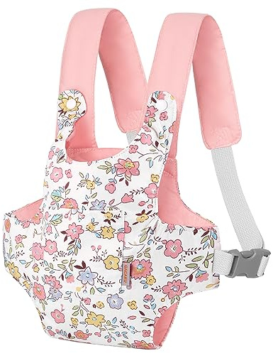 GAGAKU Cochecito de muñeca de bebé Accesorio de muñeca Cochecito de peluche con correas ajustables para niños - Rosa - Flor de melocotón