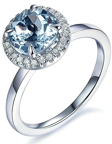 AMDXD 18 Karat Weißgold Au750 Trauringe, Verlobungsring Hochzeitsring 1.32CT 4 Klaue Aquamarine 0.11CT Diamant Ring Hell Blau, Diamantring, Gr.54 (17.2), Echt Gold Schmuck