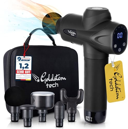 Goldstern tech X-Pro® Massagepistole mit Wärmefunktion und Kälte inkl.Tasche,7-teilige Massage gun Set,Massagegerät warm kalt zur Muskelentspannung, Muskelmassagepistole, Muskelpistole (Schwarz)