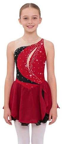 Freebily Kinder Mädchen Tanzkleid Ärmelloses Eiskunstlauf Kleid Ballettkleid Mit Strasssteinen Gymnastik Wettbewerb Kostüm Tanzkleidung Burgundy_A 158-164
