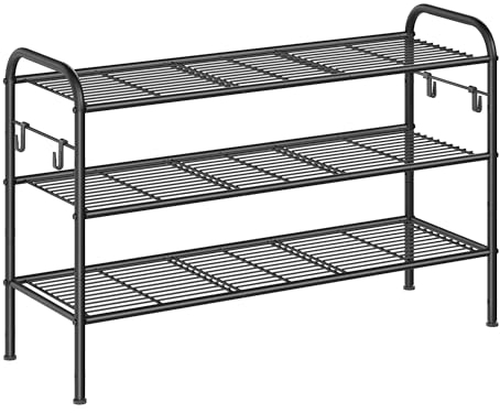 SONGMICS Shoe Rack, 3-Tier Shoe Organizer, Metal Shoe Shelf Storage with 4 Side Hooks, Holds 15 Pairs of Shoes, Height-Adjustable Shoe Rack for Entryway, Hallway, Closet, Easy Assembly, Ink Black