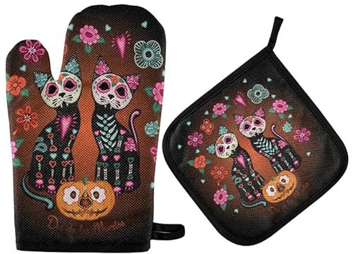 Day of The Dead Cats Oven Mitts Pot Holder Set Flowers Mexican Kitchen Decor Cooking Stove Gloves Heat Resistant Hot Pads Recycled for BBQ Baking Grilling