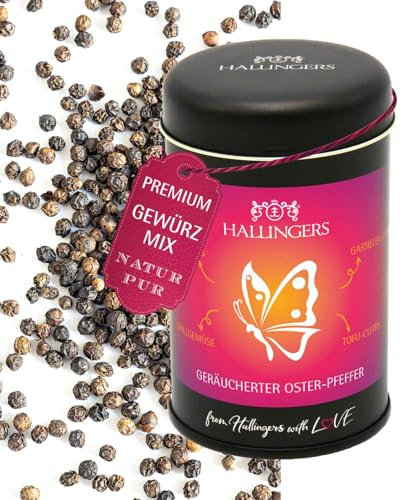 Hallingers Genuss Manufaktur Pfeffer Oster-Geschenk - Gourmet-Qualität zum Kochen in edler Geschenk-Dose Geräucherter Os... für Lachs, Grillgemüse & Tofu-Curry, Ostern Körbchen für Frauen Männer