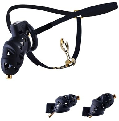 Cage à pénis Respirante avec 4 Cock Rings et cathéter en silicone/Chastity Belt CB Sissy Cage de chasteté Hommes Sex toys SM Bondage pour adultes (Short+Belt)