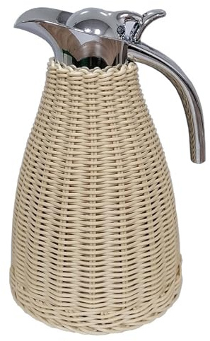 Rostfritt stål kaffe termisk karaff, rotting termisk kanna, 1,5 liter/5 oz dubbelvägg vakuum isolerad, 12 timmars värme och 24 timmars kall hållning (färg: beige)
