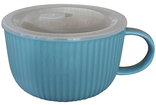 Jumbo Suppentassen Mit Deckel, 1200 ML Ramen Schüssel Instant Nudel Keramik Suppenschüsseln Mit Henkel Breit Haferflocken Frühstückstasse Für Mikrowelle -Blau-1200ml