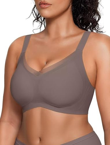 Vertvie Wireless Bras for Women Non Wired Support Mesh Crossover Bra Seamless Push Up Full Coverage V Neck Lace Padded Bralettes Everyday Bra (Grey,L)