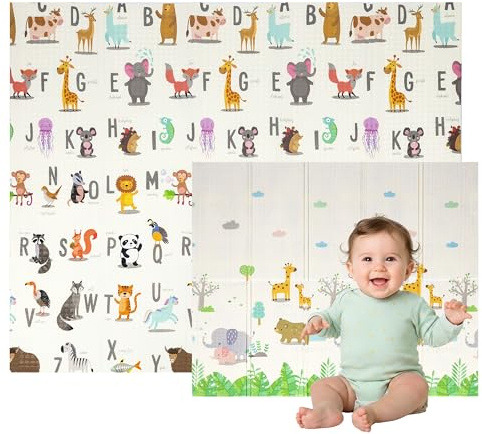 Nomady Kids - Alfombra de juego Plegable, Acolchada y Reversible (200x180cm) - Colchoneta para Bebes y Niños (Abecedario y Familia)