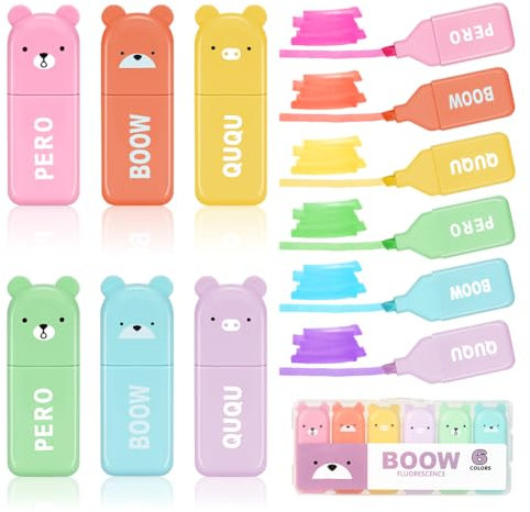 AYESY 6x Textmarker, Mini Textmarkern, Permanent Marker, Bunte Marker Pen Set, Highlighter Stifte für Schule Uni Büro, Bear Style