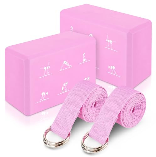 RETON Yoga Blocks Set of 2 with Strap, Lightweight EVA Foam Brick Yoga Pilates Blocks, High Density Yoga Block, Anti-Slip Yoga Brick for Stretching, Improve Strength and Flexib (Pink, One Size)