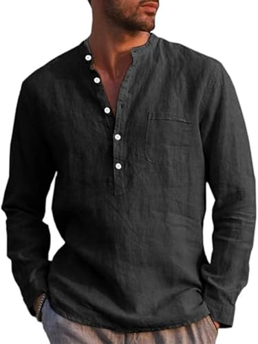 Runcati Camicia da uomo in lino, a maniche lunghe, in cotone, per il tempo libero, vestibilità normale, da spiaggia, Nero , L