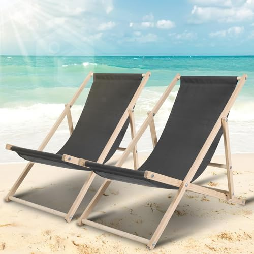 Ollewiellan 2er Set Liegestuhl Klappbar Liegestuhl Holz Grau Strandstuhl bis 120kg Verstellbar Liegestuhl Holz Wetterfest Klappbar Liegestuhl für Terrasse Balkon Strand