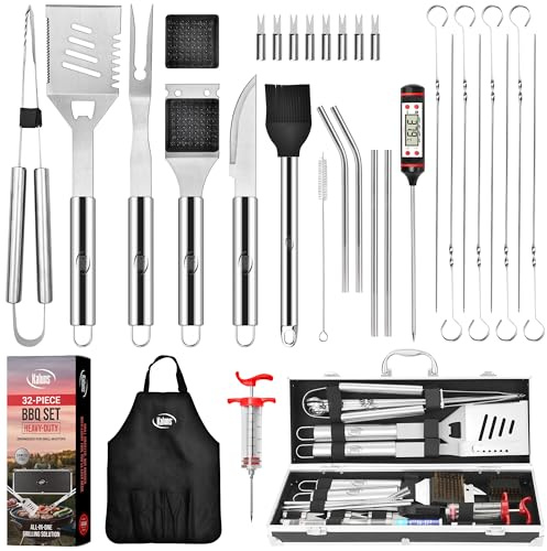 Kaluns 32 Psc Grilling Accessories, Dad Gifts for Fathers Day, Heavy Duty Stainless Steel Grill Set BBQ Grill Accessories for Outdoor Grill with Aluminum Case and Apron, Best Gifts for Men