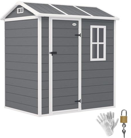 Outsunny Gerätehaus Kunststoff 2,1m² 186 x 130 x 199cm Geräteschuppen mit Satteldach Boden Fenster Abschließbarer Tür wetterfest Gartenhaus Outdoor Garten Schuppen für Hinterhof Grau