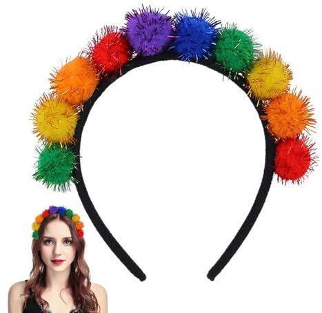 Haarreif mit flauschigen Kugeln, Regenbogen-Party-Stirnband, Haarschmuck, Cosplay, modischer Kopfschmuck für Urlaub, Geburtstag