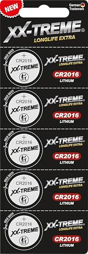 XX-TREME Lot de 5 piles bouton CR 2016, au lithium, 3 V, emballage de sécurité enfant, pour appareils intelligents, clés de voiture et bien plus encore, haute qualité et meilleures performances