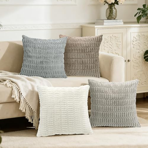 Hibate Boho Kissenbezüge 40x40 cm 4er Set aus Cord, Kissenhüllen Beige Creme Braun Naturfarben, Weiche Zierkissenbezüge im Skandi & Landhausstil für Sofa Wohnzimmer Schlafzimmer