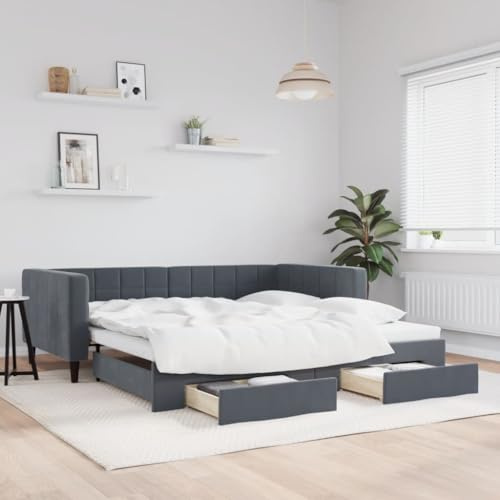 Hommdiy Tagesbett Ausziehbar Schlafsofa Bettsofa Gästebett für Schlafzimmer Wohnzimmer, Sofa Bett Ausziehbett Dunkelgrau 100 x 200 cm mit Bettkasten & Schublade