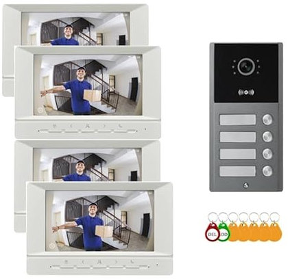 Videocitofono per edificio a 4 pulsanti con lettore di badge RFID integrato