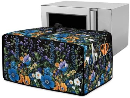 Wanyint Funda decorativa para horno tostador pequeño de 47 cm, tela de poliéster con aspecto de lino, elegante decoración para el hogar y la cocina, diseño floral azul y negro