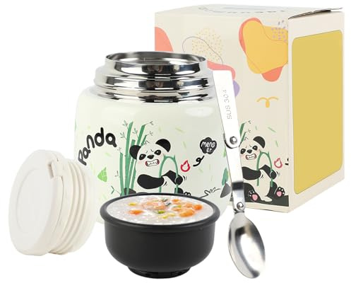 FYting Thermos Pappa Neonati,500 ml Scaldapappa Portatile,316 In Acciaio Inossidabile con Ciotola e Cucchiaio, Della Maniglia,per Zuppa, Porridge, Gelato e Yogurt (Panda)