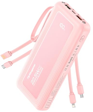 Power Bank Rosa 10000mAh con Cavi Integrati, USB C Caricatore Portatile 22.5W QC 3.0 & PD Carica Rapida. LED Display Powerbank con 4 Uscite & 2 Ingressi per iPhone Huawei Xiaomi Switch