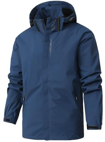 MOKBAY Blouson Imperméable Homme Hiver de Travail a Capuche Mi Saison Bleu Parka Mi Saison Automne Veste Pluie Velo Vêtements de Pluie Trench Sport Veste Securite Homme Bleu XL