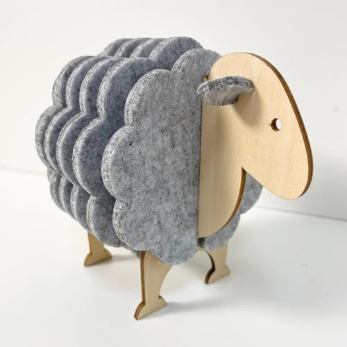 Sheep Felt Coasters-6 Felt Wool Sheep Coaster Set for Coffee Table Drinks Absorbent with Holder,Lamb Cup Coasters Wool Gifts Decoration (Light Grey)