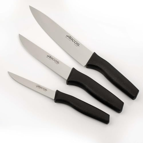 Arcos Set de 3 Cuchillos Profesionales (Cuchillo Pelador + Verduras + Chef) - Hoja de Acero Inoxidable NITRUM - Mango Ergonómico Antideslizante - Resistente al Lavavajillas - Serie Verona