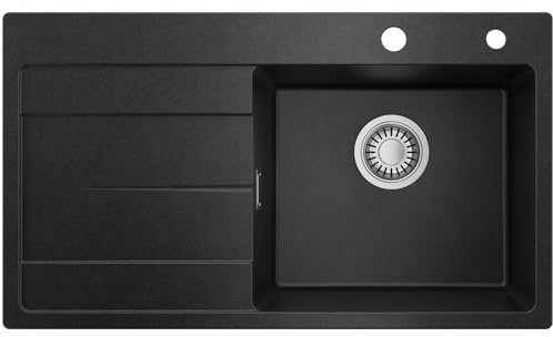 CECIPA Spülbecken Schwarz 78 x 45 cm, Spüle Küche aus Granit mit Abtropffläche, Küchenspüle für 45 cm breite Unterschränke, Waschbecken Küche Einbauspüle inkl. Siphon sowie Ab- und Überlaufgarnitur