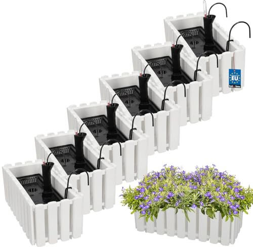 KOTARBAU® 6 st Balkonglåda - Blomlåda Självvattnande - Plast - 38 x 18 x 16 cm - Vit - Blomlåda Balkong - Bevattningssystem - Balkonglåda med Hållare - Planteringslåda