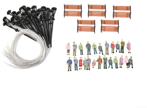 HO OO Lot de 49 figurines peintes à l'échelle avec banc et lampadaire pour construction, train, modélisme, plate-forme et décoration de scène de rue