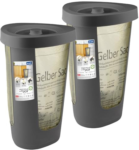 Rotho Fabu Ständer für Gelbe Säcke 2er-Set Gelber Sack Ständer Anthrazit | Müllsackständer, Papierkorb mit Deckel, 3 flexible abgerundete Ecken, Müllbeutel leicht einhängen, geruchsdicht schließend
